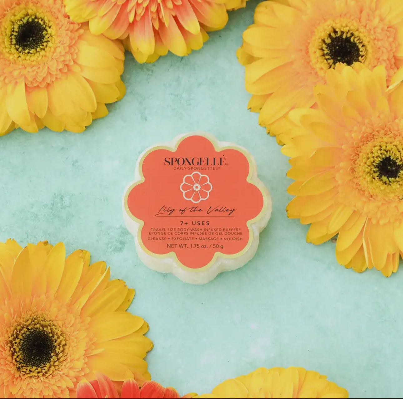 Spongelle product with yellow flowers on a light blue background