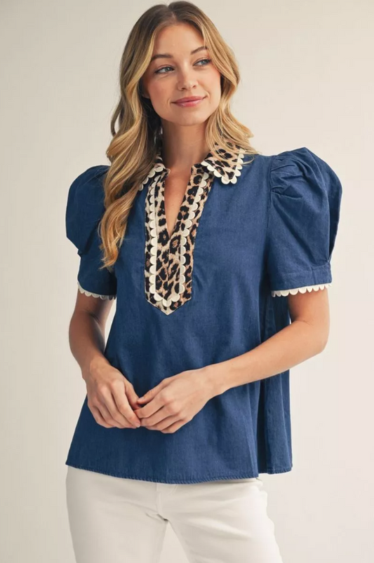 Mallory Puff Sleeve Leopard Contrast Blouse