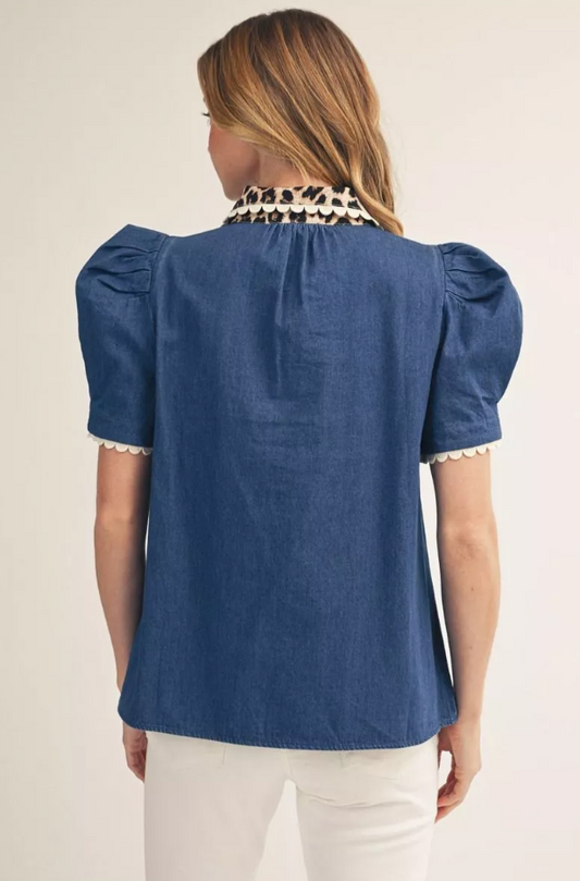 Mallory Puff Sleeve Leopard Contrast Blouse