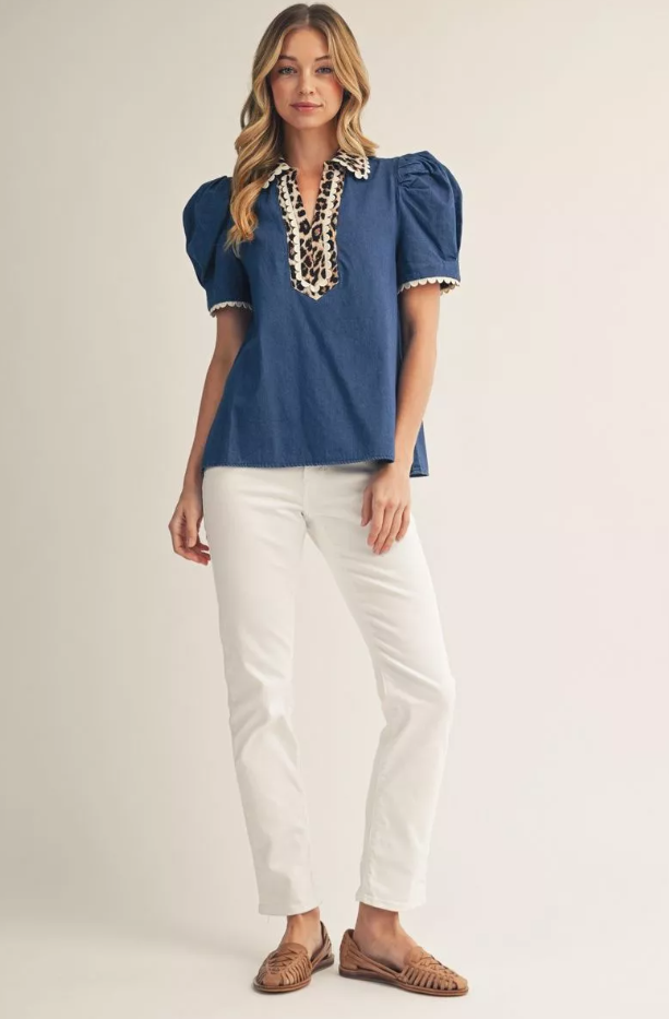 Mallory Puff Sleeve Leopard Contrast Blouse