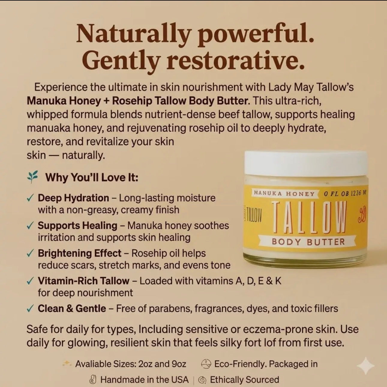 Manuka Honey + Rosehip Tallow Body Butter with product description on a beige background