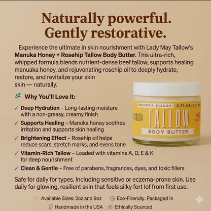 Manuka Honey + Rosehip Tallow Body Butter with product description on a beige background