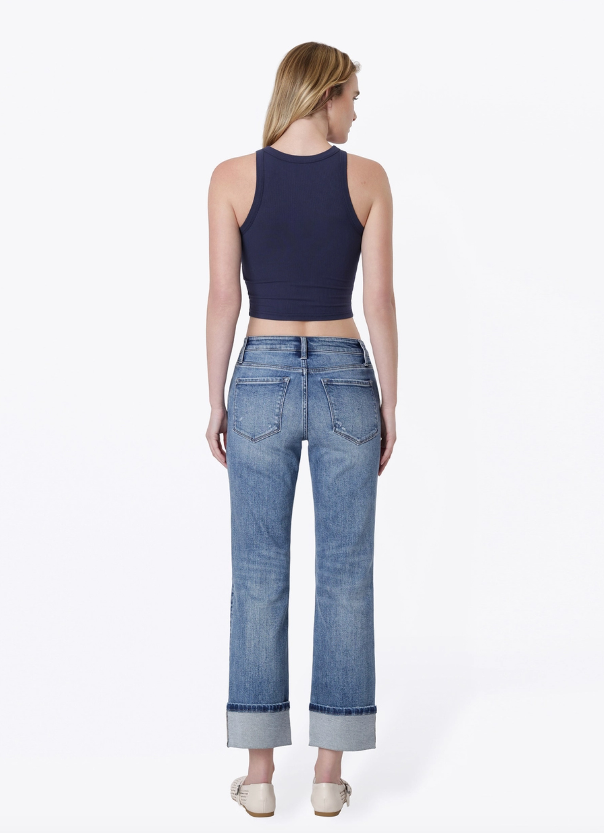 Mid Rise Distressed Cuffed Crop Straight Jeans