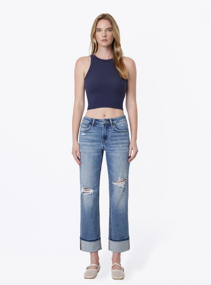 Mid Rise Distressed Cuffed Crop Straight Jeans