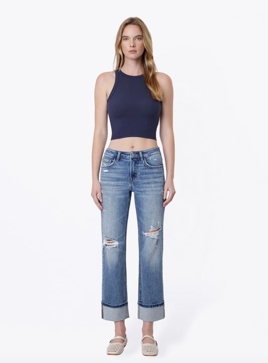 Mid Rise Distressed Cuffed Crop Straight Jeans