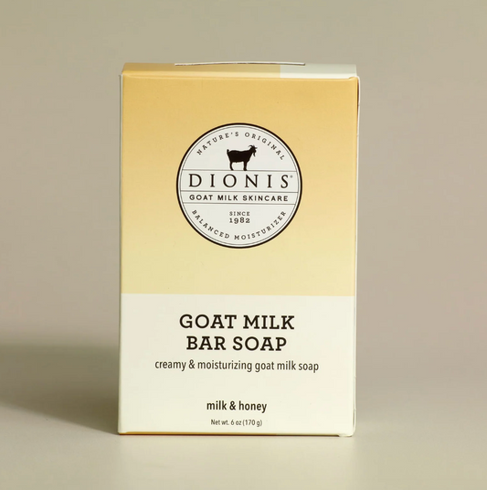 Box of Dionis goat milk bar soap on a beige background