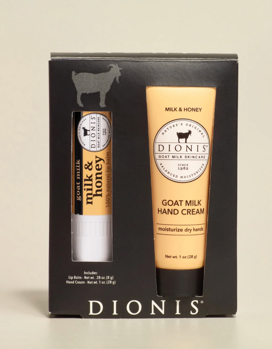 Dionis goat milk skincare set with hand cream and lip balm in a black box.