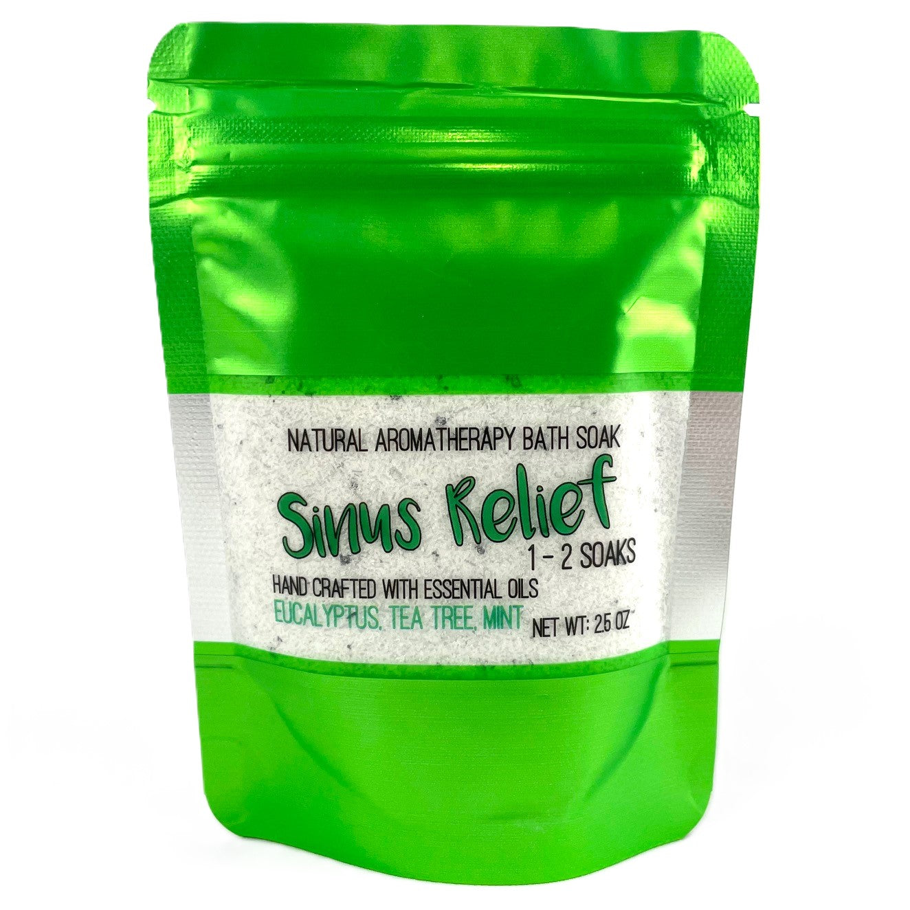 Green packaging of Sinus Relief bath soak with a white label on a white background