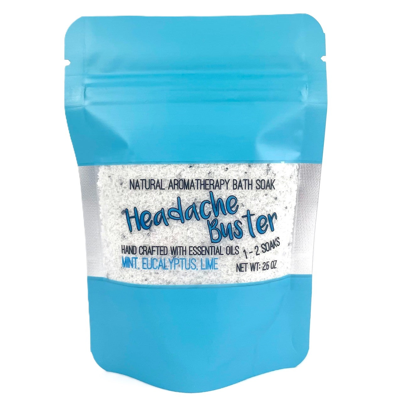 Bath soak package labeled 'Headache Buster' with blue and white design.