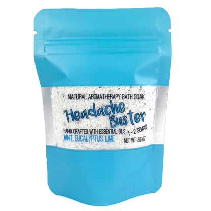 Bath soak package labeled 'Headache Buster' with blue and white design.