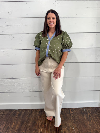 (S-2X) Olive Grove Contrast Blouse