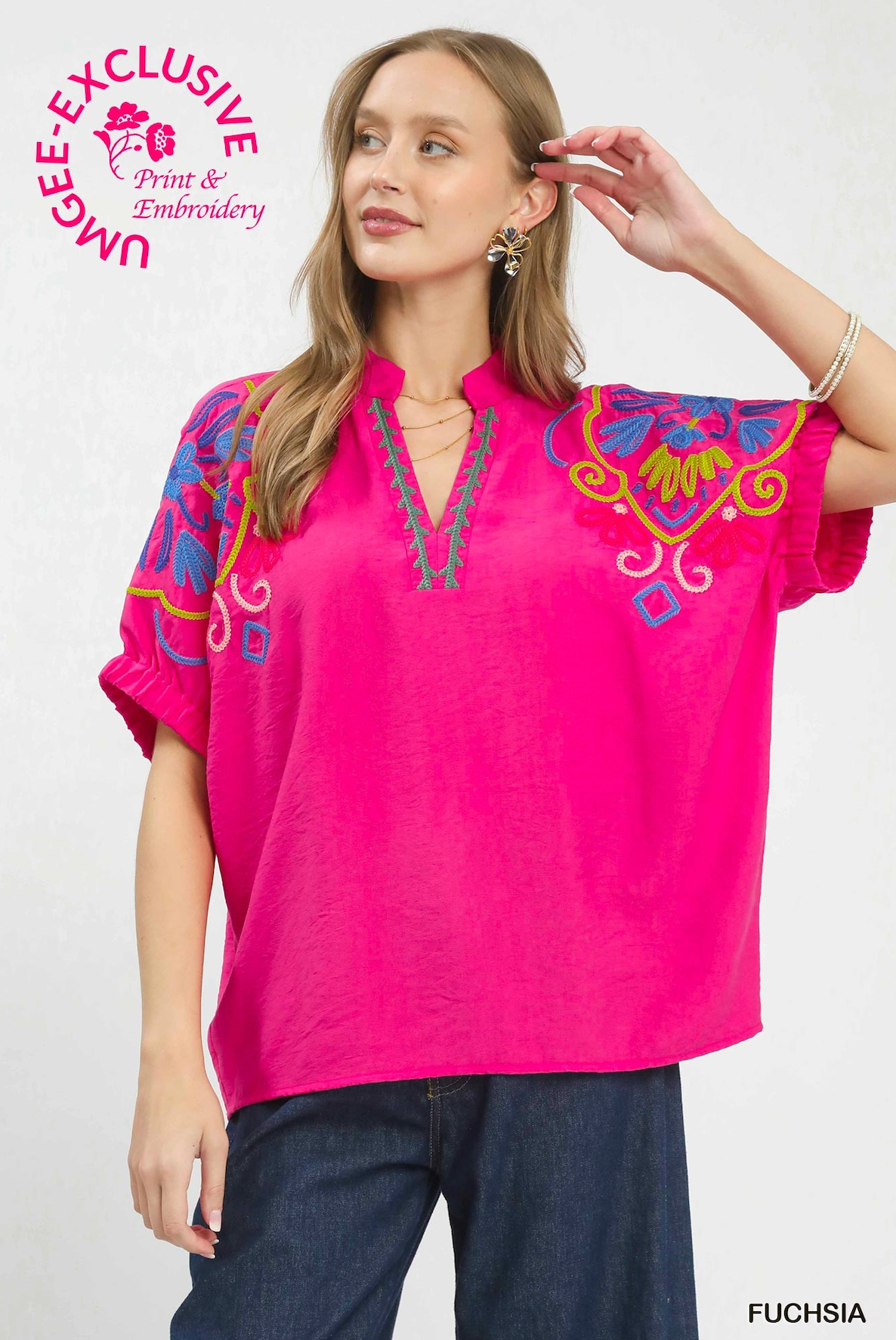 Penelope Embroidered Split Neck Top