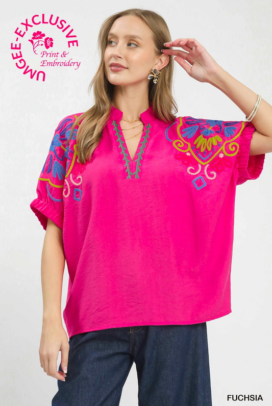 Penelope Embroidered Split Neck Top