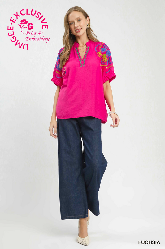 Penelope Embroidered Split Neck Top