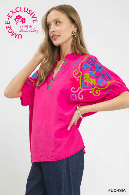 Penelope Embroidered Split Neck Top