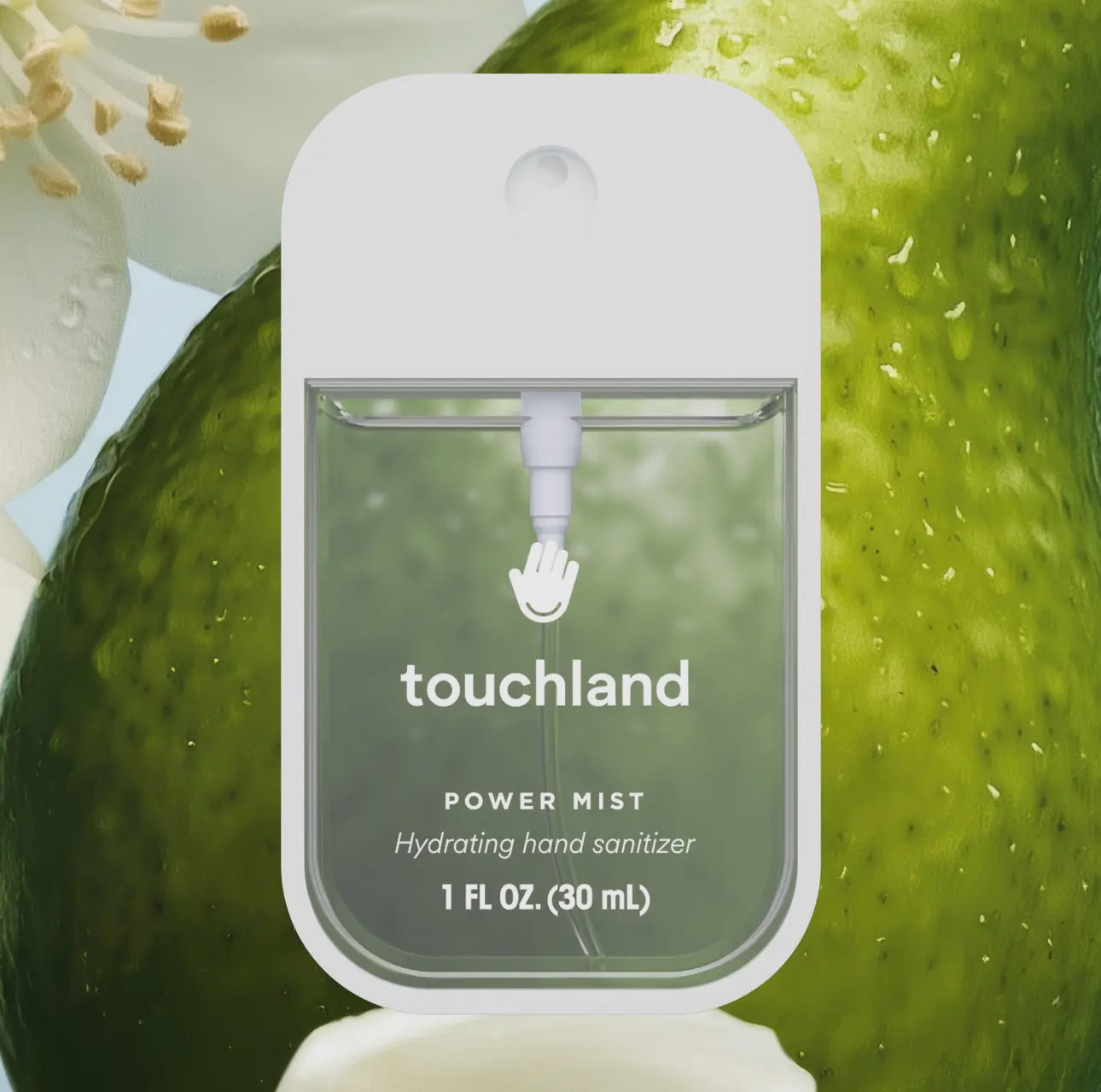 Touchland power mist hand sanitizer with a green fruit background
