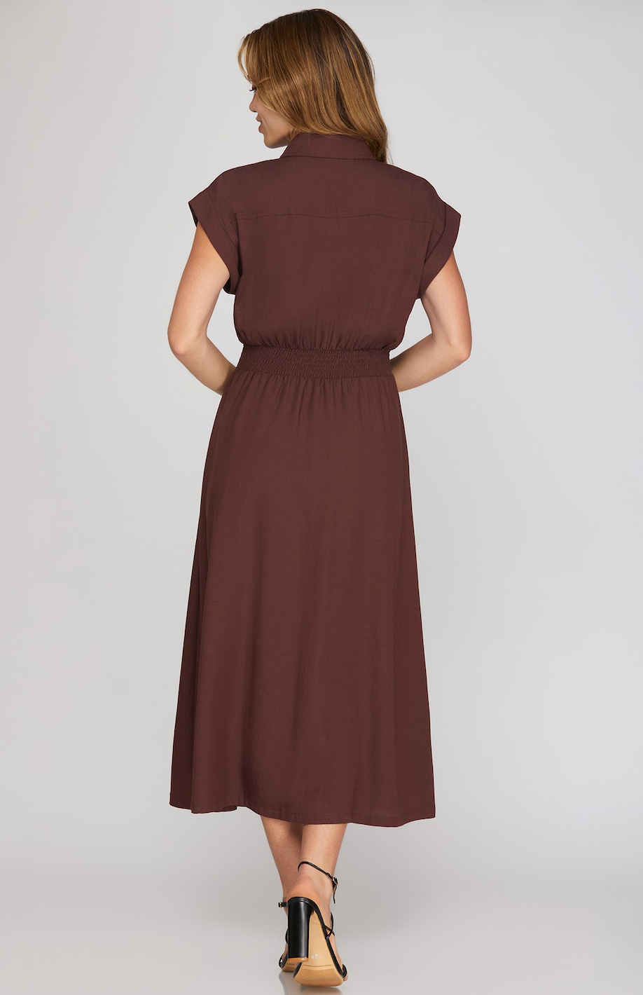 Rebecca Zip-Up Collared Pocket Midi Dress-Wine