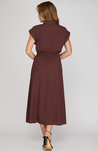 Rebecca Zip-Up Collared Pocket Midi Dress-Wine