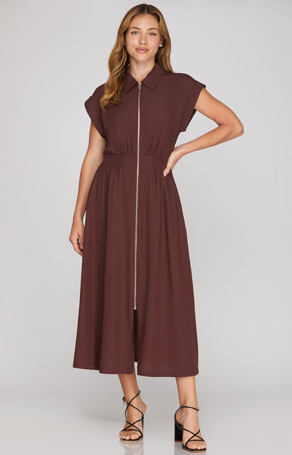 Rebecca Zip-Up Collared Pocket Midi Dress-Wine