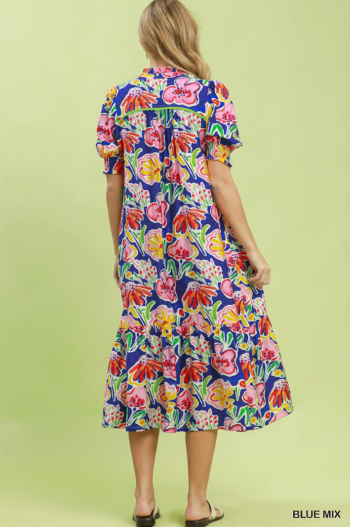 (S-2XL) Roxie Floral Print Puff Sleeve Tiered Midi Dress