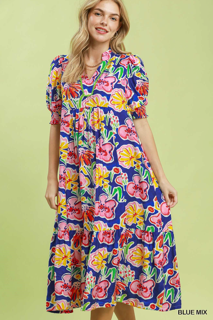 (S-2XL) Roxie Floral Print Puff Sleeve Tiered Midi Dress