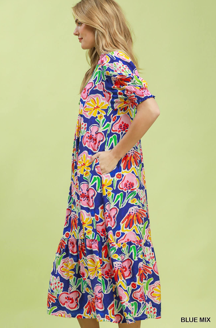 (S-2XL) Roxie Floral Print Puff Sleeve Tiered Midi Dress