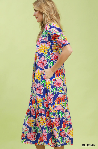(S-2XL) Roxie Floral Print Puff Sleeve Tiered Midi Dress