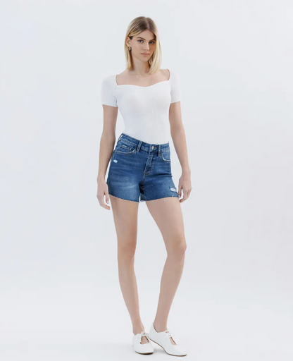 High Rise Raw Hem Denim Shorts