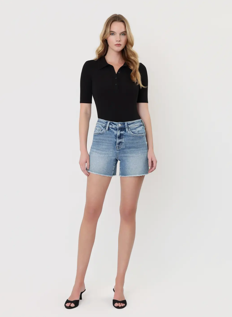 High Rise Raw Hem Midi Denim Shorts