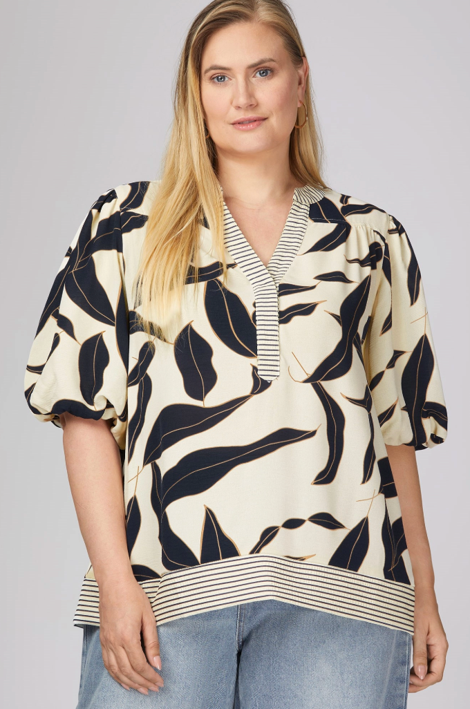 (S-2XL) Elena Bubble Sleeve Printed Top-Navy