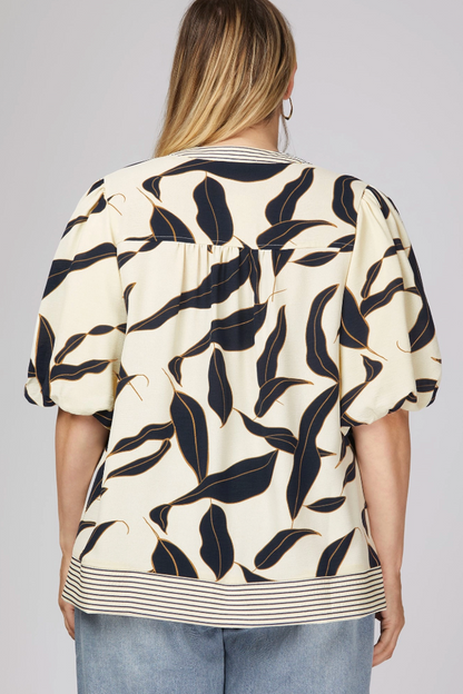 (S-2XL) Elena Bubble Sleeve Printed Top-Navy