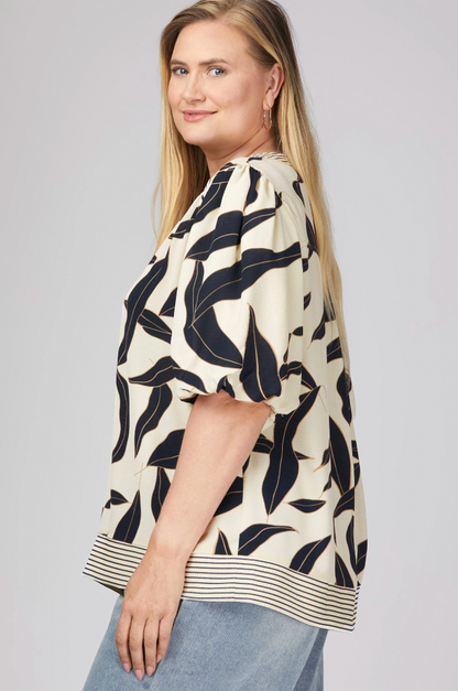 (S-2XL) Elena Bubble Sleeve Printed Top-Navy