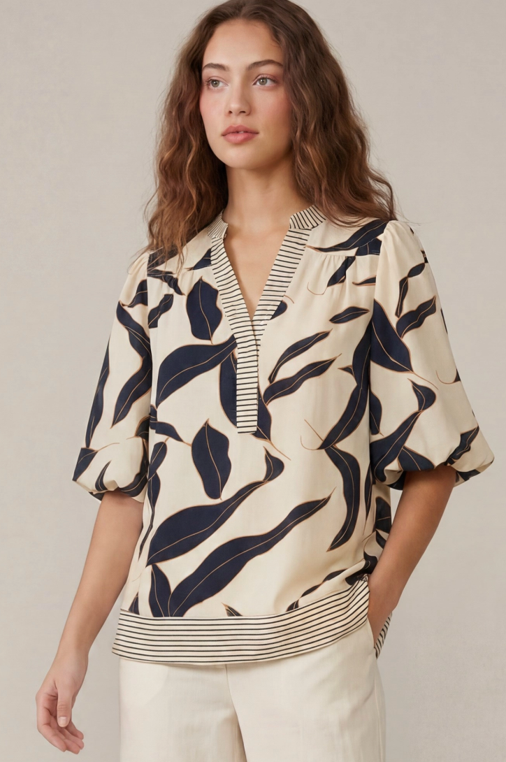(S-2XL) Elena Bubble Sleeve Printed Top-Navy