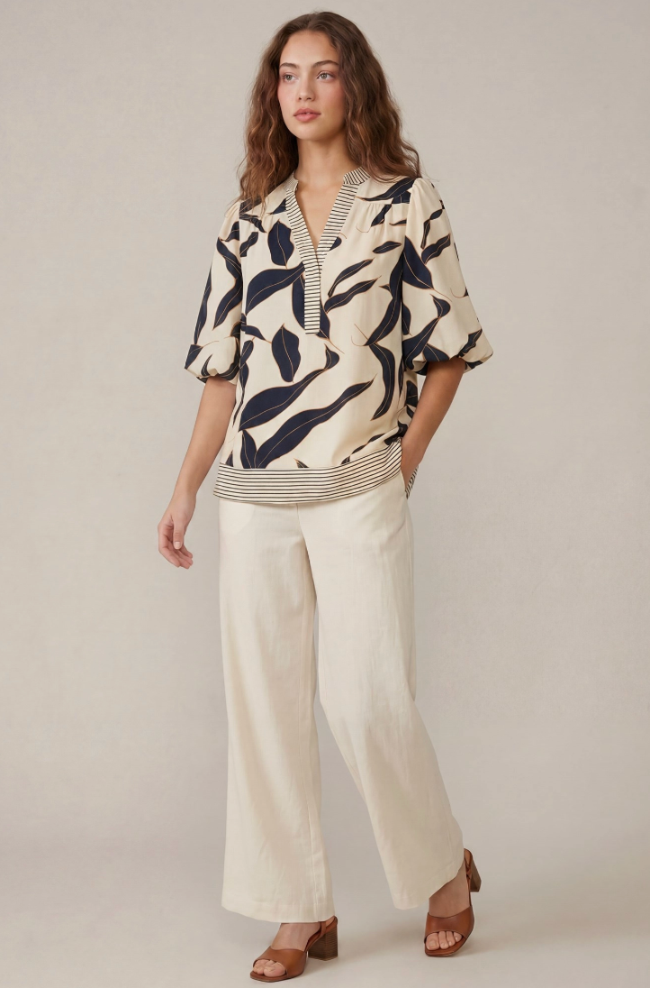 (S-2XL) Elena Bubble Sleeve Printed Top-Navy