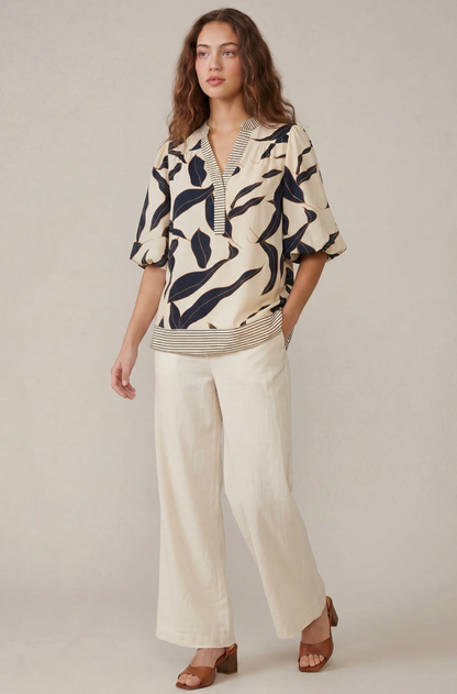 (S-2XL) Elena Bubble Sleeve Printed Top-Navy