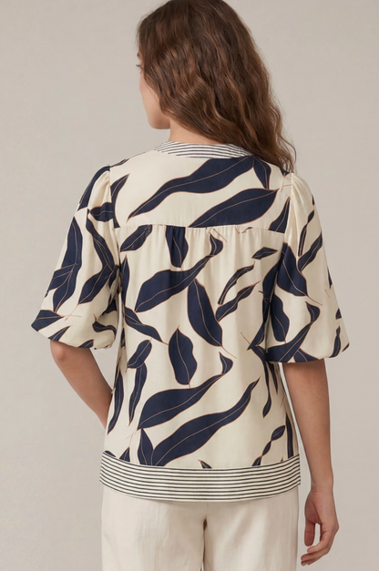 (S-2XL) Elena Bubble Sleeve Printed Top-Navy