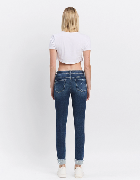 Mid Rise Dark Wash Cuffed Skinny Jeans