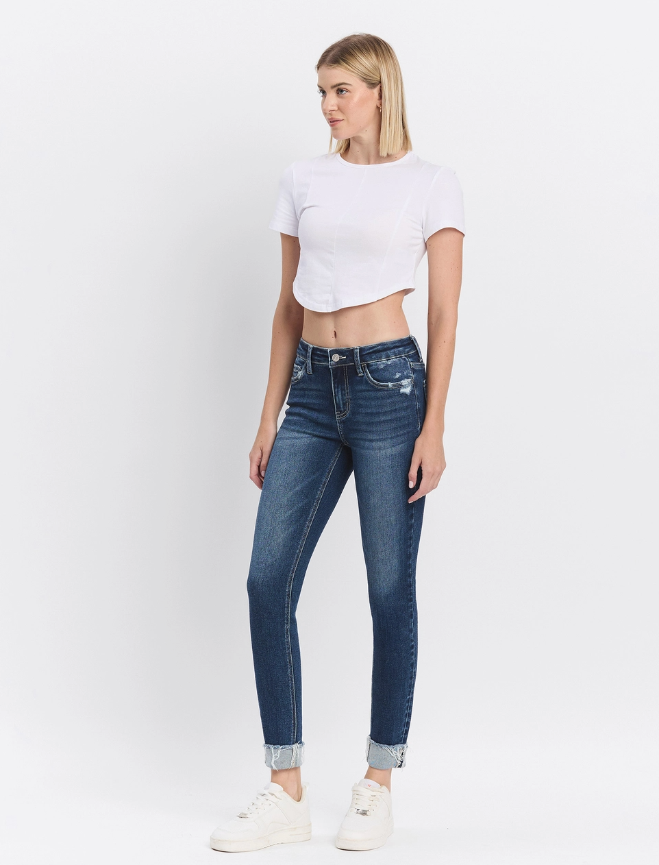 Mid Rise Dark Wash Cuffed Skinny Jeans