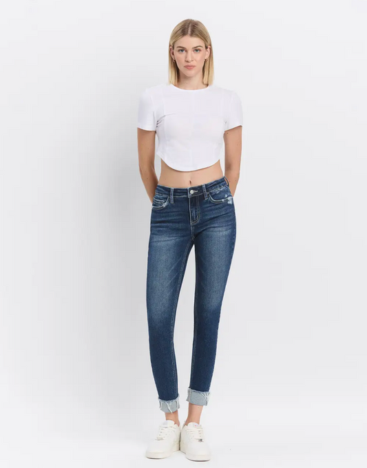 Mid Rise Dark Wash Cuffed Skinny Jeans