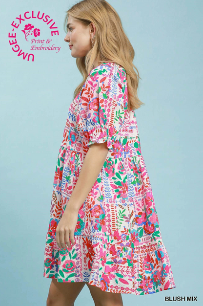 Kamryn Mix Botanical Print Tiered Dress