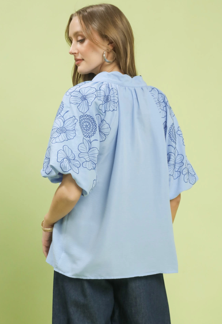 Reagan Embroidered Sleeve V-Neck Blouse