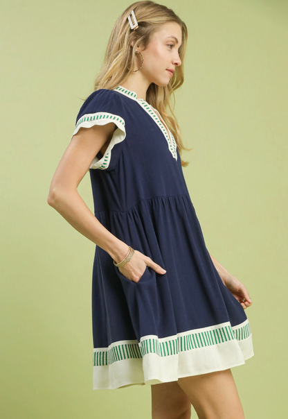 Kelsie Linen Color Block Flutter Sleeve Dress