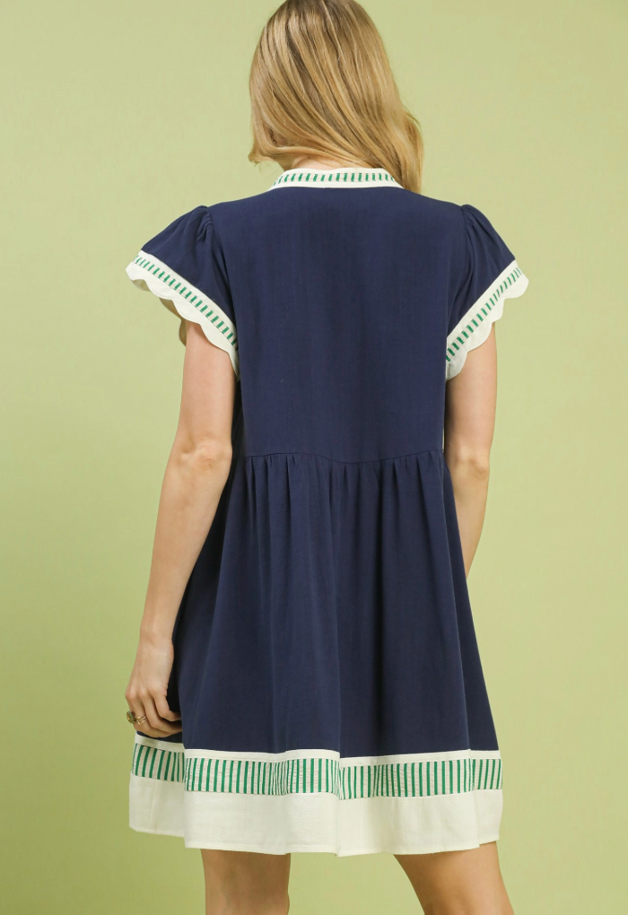 Kelsie Linen Color Block Flutter Sleeve Dress