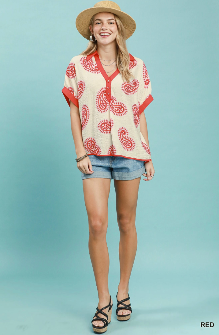 Jennifer Paisley Print Contrast Trim Top