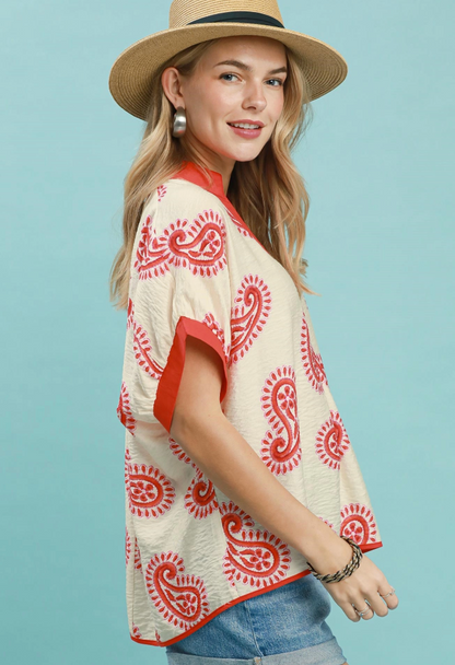 Jennifer Paisley Print Contrast Trim Top