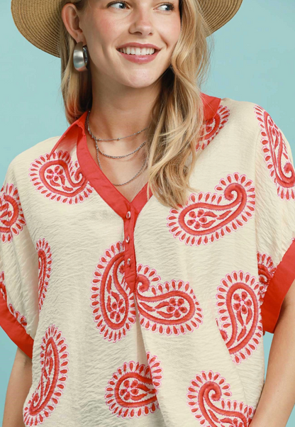 Jennifer Paisley Print Contrast Trim Top
