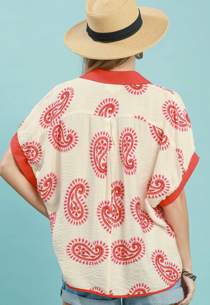 Jennifer Paisley Print Contrast Trim Top