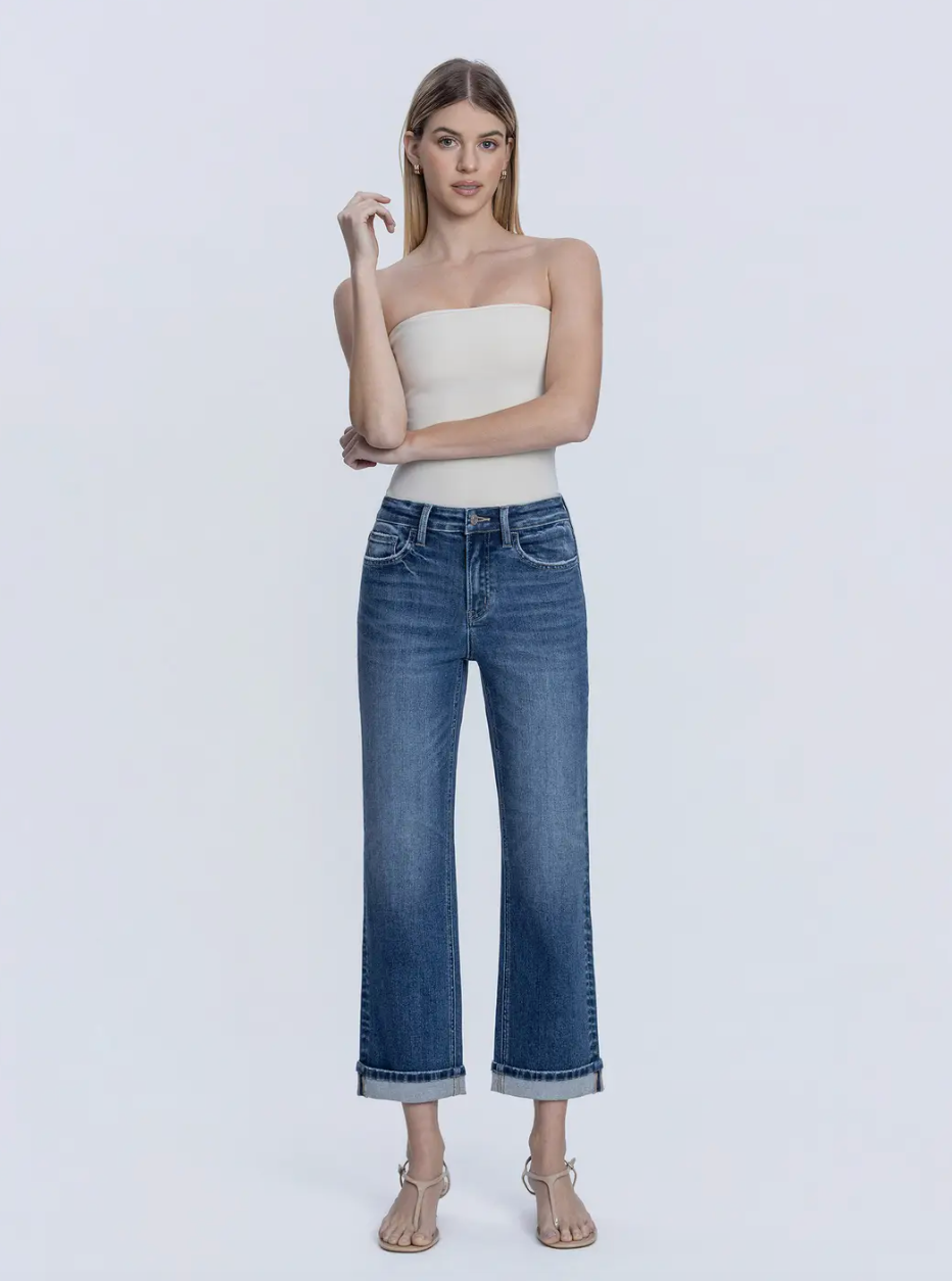 Harmonious High Rise Dark Wash Cuffed Crop Straight Jeans