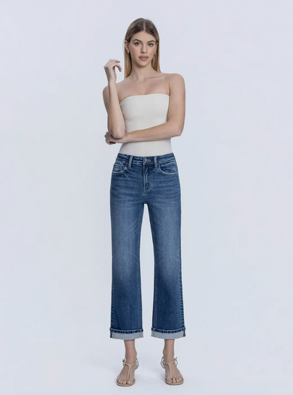 Harmonious High Rise Dark Wash Cuffed Crop Straight Jeans