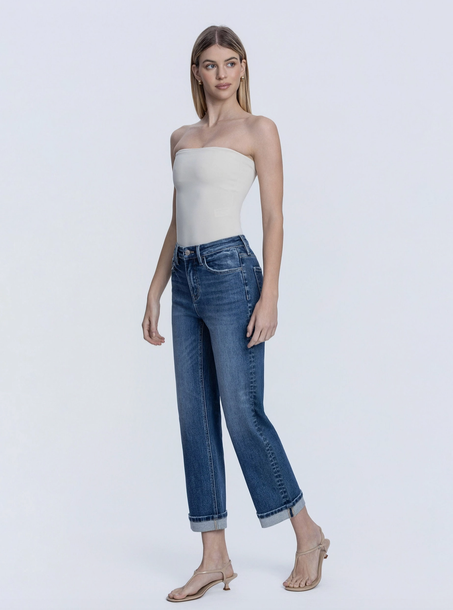 Harmonious High Rise Dark Wash Cuffed Crop Straight Jeans